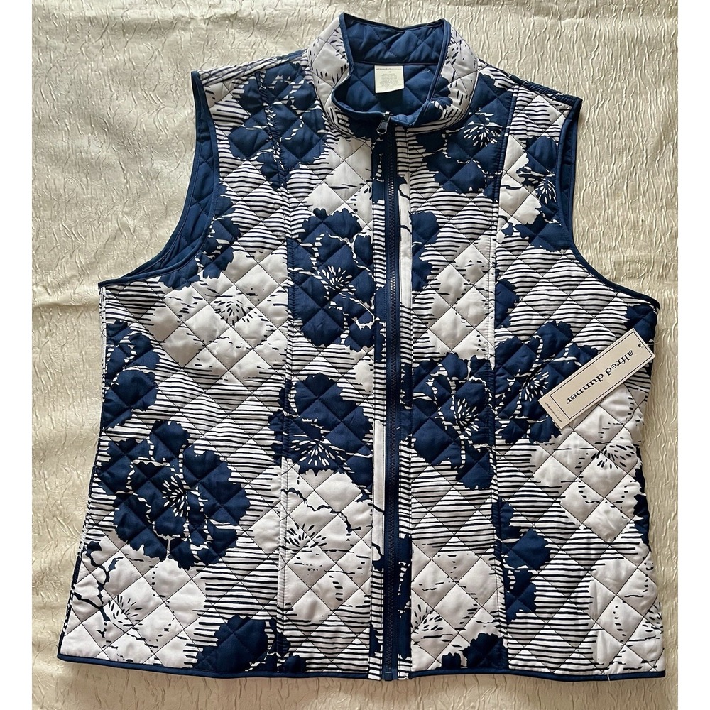 Alfred Dunner Cape Hatteras Quilted Vest Navy White Floral Zip Front Size 18 NEW